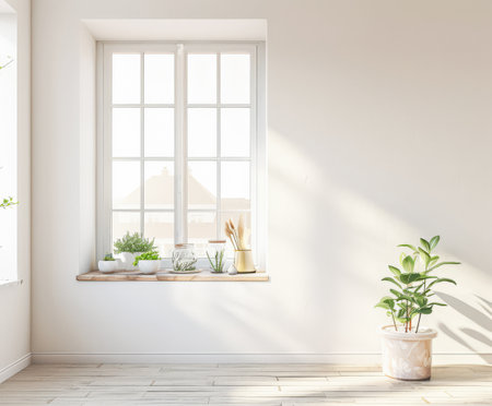 Minimalist empty room with large windows no furniture and minimal decor. Residential interior design composition in neutral tones.の素材