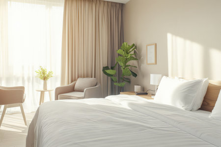 Serene hotel room interiors with natural light and warm tones. Hotel interior design composition with minimal decor.の素材