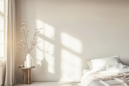 Serene hotel room interiors with natural light and warm tones. Hotel interior design composition with minimal decor.の素材