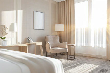 Serene hotel room interiors with natural light and warm tones. Hotel interior design composition with minimal decor.の素材