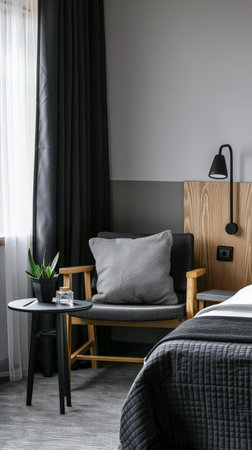 Minimalist motel room interiors with stylish details.の素材