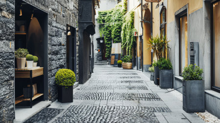 Empty street with minimalist architecture and contrasting tones.の素材