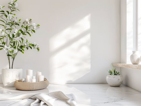 Relaxing minimalist serene interiors with minimal furniture, natural window lighting and zen inspired.の素材