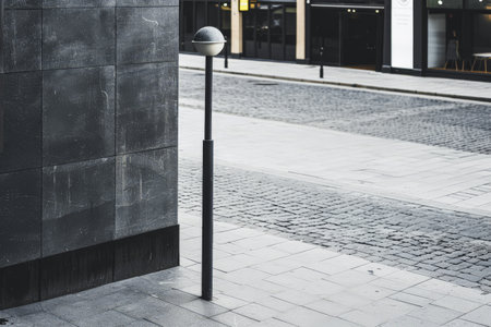 Empty street with minimalist architecture and contrasting tones.の素材