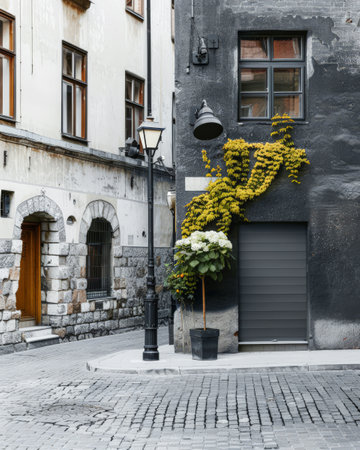 Empty street with minimalist architecture and contrasting tones.の素材