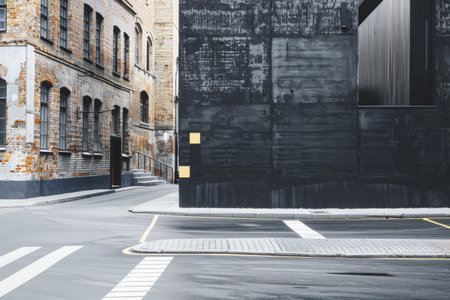 Empty street with minimalist architecture and contrasting tones.の素材