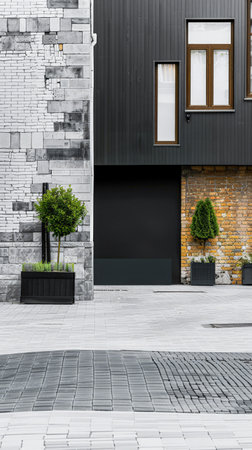 Empty street with minimalist architecture and contrasting tones.の素材