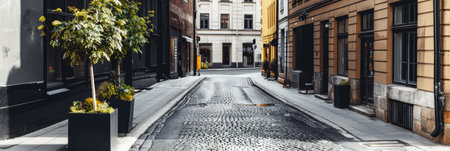 Empty street with minimalist architecture and contrasting tones.の素材