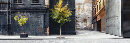 Empty street with minimalist architecture and contrasting tones.の素材