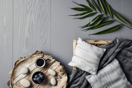 Relaxing minimalist serene interiors with minimal furniture, contrasting tones, natural window lighting and zen inspired.の素材