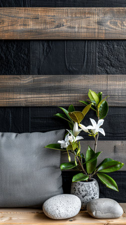 Relaxing minimalist serene interiors with minimal furniture, contrasting tones, natural window lighting and zen inspired.の素材