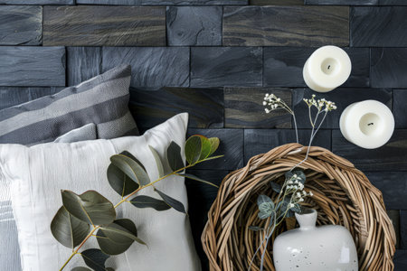 Relaxing minimalist serene interiors with minimal furniture, contrasting tones, natural window lighting and zen inspired.の素材