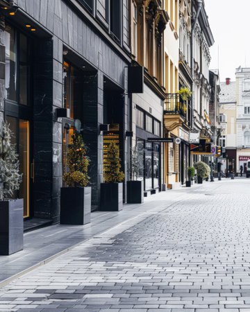 Empty street with minimalist architecture and contrasting tones.の素材