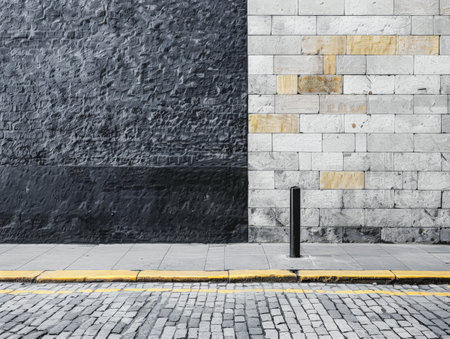 Empty street with minimalist architecture and contrasting tones.の素材