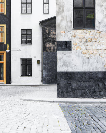 Empty street with minimalist architecture and contrasting tones.の素材