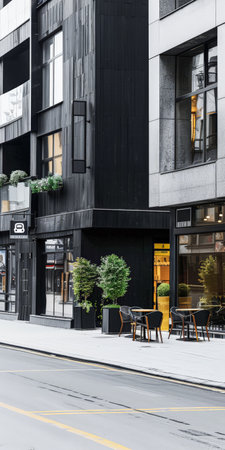 Empty street with minimalist architecture and contrasting tones.の素材