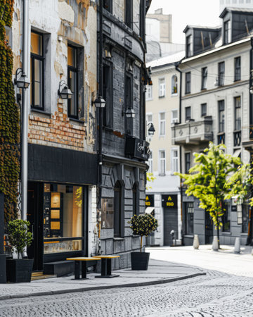 Empty street with minimalist architecture and contrasting tones.の素材