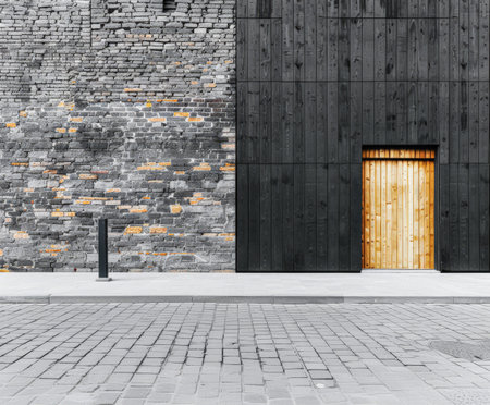 Empty street with minimalist architecture and contrasting tones.の素材