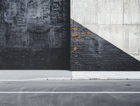 Empty street with minimalist architecture and contrasting tones.の素材