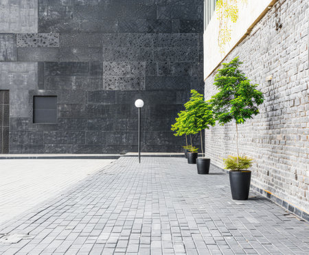 Empty street with minimalist architecture and contrasting tones.の素材