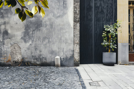 Empty street with minimalist architecture and contrasting tones.の素材