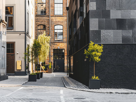 Empty street with minimalist architecture and contrasting tones.の素材