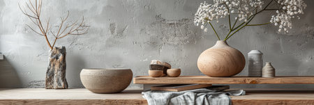 Minimalist zen interior design in beige with natural elements and light. Relaxing interiors, meditation room concept.の素材