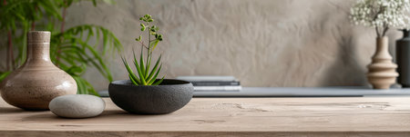 Minimalist zen interior design in beige with natural elements and light. Relaxing interiors, meditation room concept.の素材