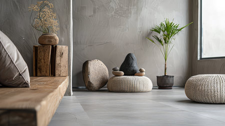 Minimalist zen interior design in beige with natural elements and light. Relaxing interiors, meditation room concept.の素材