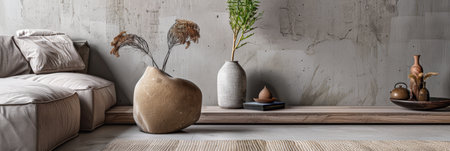 Minimalist zen interior design in beige with natural elements and light. Relaxing interiors, meditation room concept.の素材