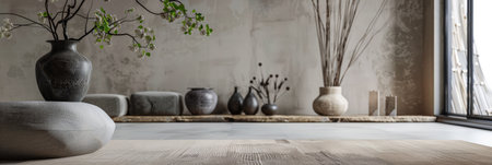 Minimalist zen interior design in beige with natural elements and light. Relaxing interiors, meditation room concept.の素材