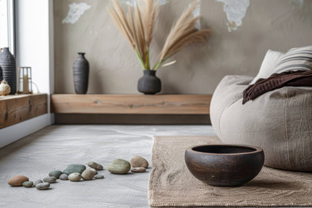 Minimalist zen interior design in beige with natural elements and light. Relaxing interiors, meditation room concept.の素材
