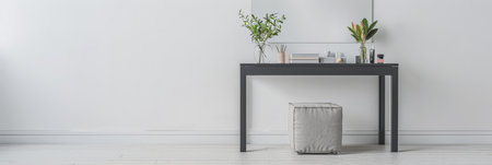 Modern minimalist dressing table in an empty room bathed with natural lighting. Home decor minimalist composition in neutral tonality.の素材