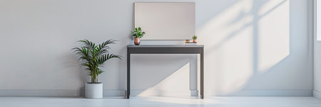 Modern minimalist dressing table in an empty room bathed with natural lighting. Home decor minimalist composition in neutral tonality.の素材