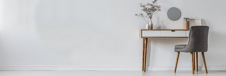 Modern minimalist dressing table in an empty room bathed with natural lighting. Home decor minimalist composition in neutral tonality.の素材