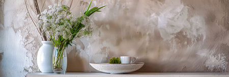 Minimalist interior design composition with minimal decor, earthy tones and copyspace for textの素材