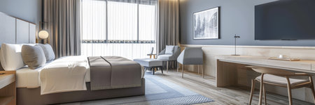 Elegant hotel room interiors with modern furniture. Hotel interior design composition.の素材