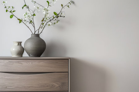 Wooden dresser in warm neutral color in an interior design room composition. Minimalistic chic interiors with copyspace for text.の素材