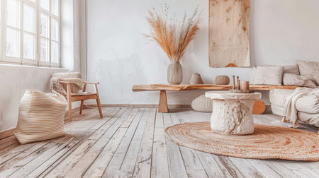 Minimalist zen interiors in warm tone with minimal furniture, natural lighting from a window and copy space. Interior design home composition.の素材