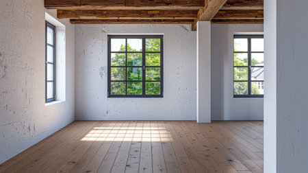Empty room interior with no furniture, window lighting and copy space. Real Estate concept image or interior design concept.の素材