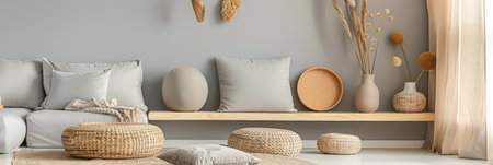 Relaxing interior design composition in warm beige colors with zen elements and natural lighting. Home decor concept image depicting a calm residential environment.の素材