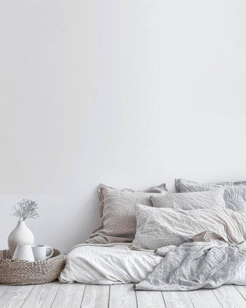 Master bedroom in minimalist style with minimal furniture, natural window lighting and neutral tones. Residential interior design composition, Real Estate ad.の素材