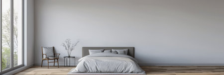 Minimalist master bedroom in light grey tones with minimal furniture, a bed next to a window and ample copy space. Bedroom interiors composition in neutral color.の素材