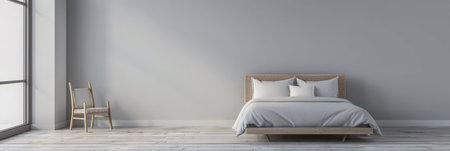 Minimalist master bedroom in light grey tones with minimal furniture, a bed next to a window and ample copy space. Bedroom interiors composition in neutral color.の素材
