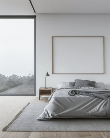 Minimalist master bedroom in light grey tones with minimal furniture, a bed next to a window and ample copy space. Bedroom interiors composition in neutral color.の素材