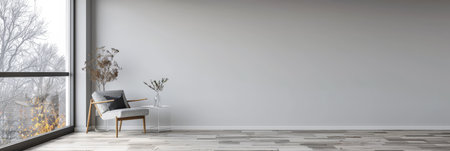 Living room designer composition in light grey color with a window projecting light on it and with minimal furniture arrangements. Residential interiors design composition with copy space.の素材