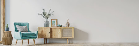 Living room interiors with natural lighting, minimalist furniture and boho decor. Residential interior design composition in calming tones.の素材