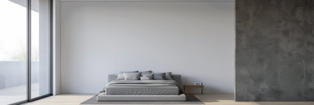 Minimalist master bedroom in light grey tones with minimal furniture, a bed next to a window and ample copy space. Bedroom interiors composition in neutral color.の素材