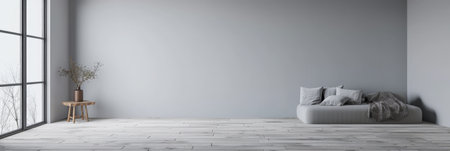 Minimalist master bedroom in light grey tones with minimal furniture, a bed next to a window and ample copy space. Bedroom interiors composition in neutral color.の素材