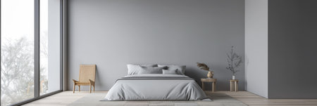 Minimalist master bedroom in light grey tones with minimal furniture, a bed next to a window and ample copy space. Bedroom interiors composition in neutral color.の素材